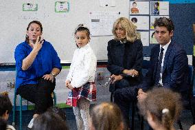 Gabriel Attal and Brigitte Macron Visit a School - Antony