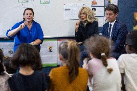 Gabriel Attal and Brigitte Macron Visit a School - Antony