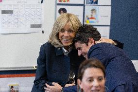 Gabriel Attal and Brigitte Macron Visit a School - Antony