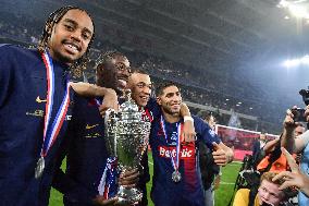 Paris Saint-Germain celebrates the 2023-2024 French Cup championship trophy ceremony in Lille FA