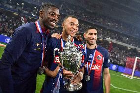 Paris Saint-Germain celebrates the 2023-2024 French Cup championship trophy ceremony in Lille FA