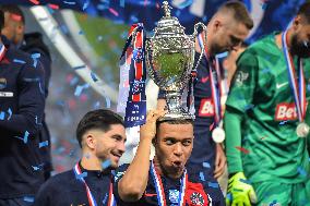 Paris Saint-Germain celebrates the 2023-2024 French Cup championship trophy ceremony in Lille FA