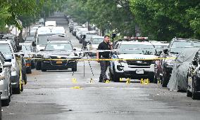 Evidence Markers At Scene Of EDP Shot By NYPD Officers And Killed After Charging At Officers With A Knife In Brooklyn New York