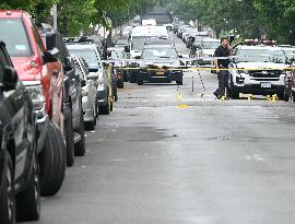 Evidence Markers At Scene Of EDP Shot By NYPD Officers And Killed After Charging At Officers With A Knife In Brooklyn New York
