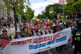 Rally Demands Re-legislation Of Broadcast Three Acts And National Assembly Investigation Into Media Domination In Seoul