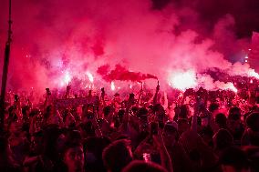 Olympiacos Fans Are Celebrating Winning Of The Conference Cup