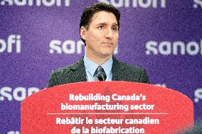 PM Justin Trudeau Gives Speech At Sanofi - Toronto