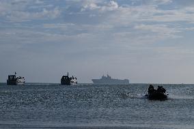 French Navy's Mistral Conducts Amphibious Landing On Omaha Beach