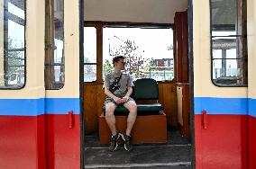 Exhibition of old tram cars in Lviv