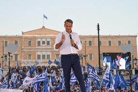 Greek Prime Minister Kyriakos Mitsotakis Holds Main Campaign For European Elections In Athens