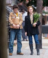 Timothee Chalamet And Elle Fanning On Set - NYC