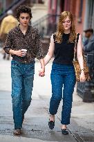 Timothee Chalamet And Elle Fanning On Set - NYC