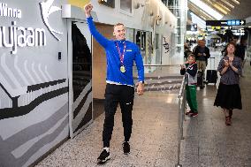 European decathlon champion Johannes Erm arrives back in Estonia
