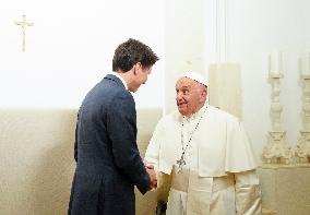 Pope Francis Meets Justin Trudeau At G7 Summit - Italy