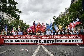 French left syndicates protest against far right in Paris FA