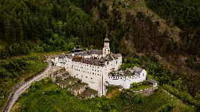 Drone View of Marienberg Abbey: Europe's Highest Monastery