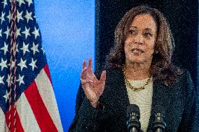 United States Vice President Kamala Harris delivers remarks on conflict-related sexual violence at the White House.