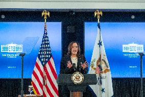 United States Vice President Kamala Harris delivers remarks on conflict-related sexual violence at the White House.