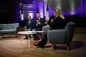 Jordan Bardella and Eric Ciotti during Hearings of party and coalition leaders by Medef - Paris