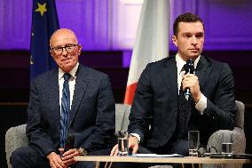 Jordan Bardella and Eric Ciotti during Hearings of party and coalition leaders by Medef - Paris