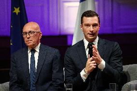 Jordan Bardella and Eric Ciotti during Hearings of party and coalition leaders by Medef - Paris