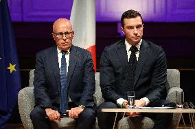 Jordan Bardella and Eric Ciotti during Hearings of party and coalition leaders by Medef - Paris