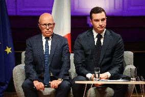 Jordan Bardella and Eric Ciotti during Hearings of party and coalition leaders by Medef - Paris