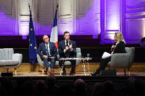 Jordan Bardella and Eric Ciotti during Hearings of party and coalition leaders by Medef - Paris