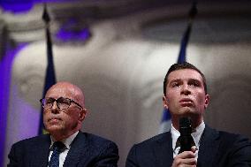 Jordan Bardella and Eric Ciotti during Hearings of party and coalition leaders by Medef - Paris