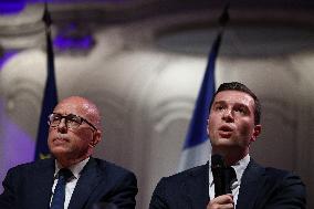 Jordan Bardella and Eric Ciotti during Hearings of party and coalition leaders by Medef - Paris