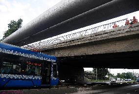 Pedestrian section of Povitroflotskyi Overpass collapses in Kyiv