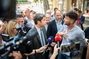 Gabriel Attal meets With Raphael Arnault during Campaign in Avignon