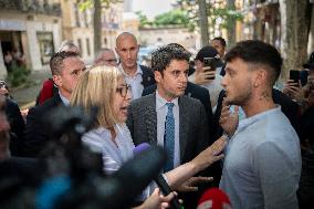 Gabriel Attal meets With Raphael Arnault during Campaign in Avignon