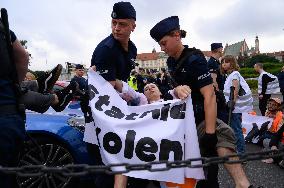 Last Generation Climate Change Activists Road Block In Warsaw, Poland.