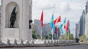 KAZAKHSTAN-ASTANA-CHINESE AND KAZAKH NATIONAL FLAGS