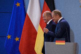 Poland's PM Donald Tusk And Germany's Chancellor Olaf Scholz Press Conference.