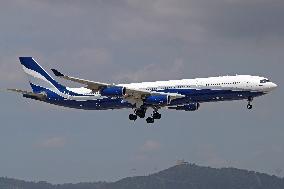 Airbus A340 of the charter company Hi Fly landing in Barcelona