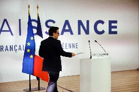 Stephane Sejourne speaks during an election night event of the ruling party Renaissance - Paris