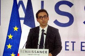 Stephane Sejourne speaks during an election night event of the ruling party Renaissance - Paris