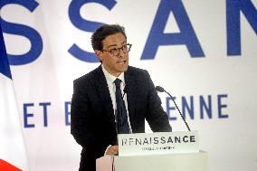 Stephane Sejourne speaks during an election night event of the ruling party Renaissance - Paris