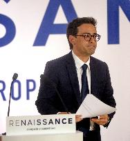 Stephane Sejourne speaks during an election night event of the ruling party Renaissance - Paris