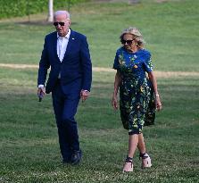 U.S. President Joe Biden And First Lady Jill Biden Arrive On The South Lawn Of The White House In Washington D.C.