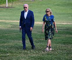 U.S. President Joe Biden And First Lady Jill Biden Arrive On The South Lawn Of The White House In Washington D.C.