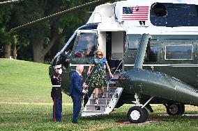 U.S. President Joe Biden And First Lady Jill Biden Arrive On The South Lawn Of The White House In Washington D.C.