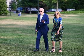 U.S. President Joe Biden And First Lady Jill Biden Arrive On The South Lawn Of The White House In Washington D.C.