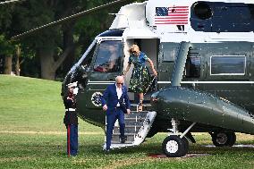 U.S. President Joe Biden And First Lady Jill Biden Arrive On The South Lawn Of The White House In Washington D.C.