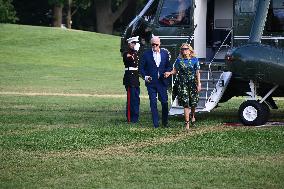 U.S. President Joe Biden And First Lady Jill Biden Arrive On The South Lawn Of The White House In Washington D.C.