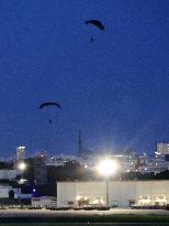 Parachuting drill at U.S. Air Force base in Okinawa