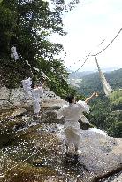 Sacred rope replace at western Japan waterfall