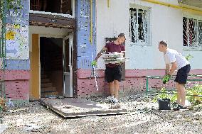 Aftermath of Russian missile attack in Kyivs Holosiivskyi district